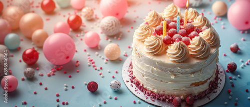 Delicious Birthday Cake with Candles and Sprinkles on a Blue Background, Delicious Birthday Cake with Candles and Sprinkles on a Blue Bac