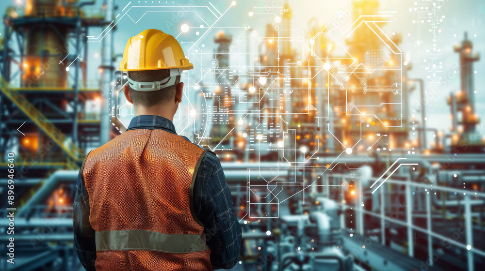 Engineer standing in front of an oil refinery. The icons behind him represent the different instruments and systems used in the factory. Engineer standing in front of an oil refinery. The icons behind him represent the different instruments and systems used in the factory.