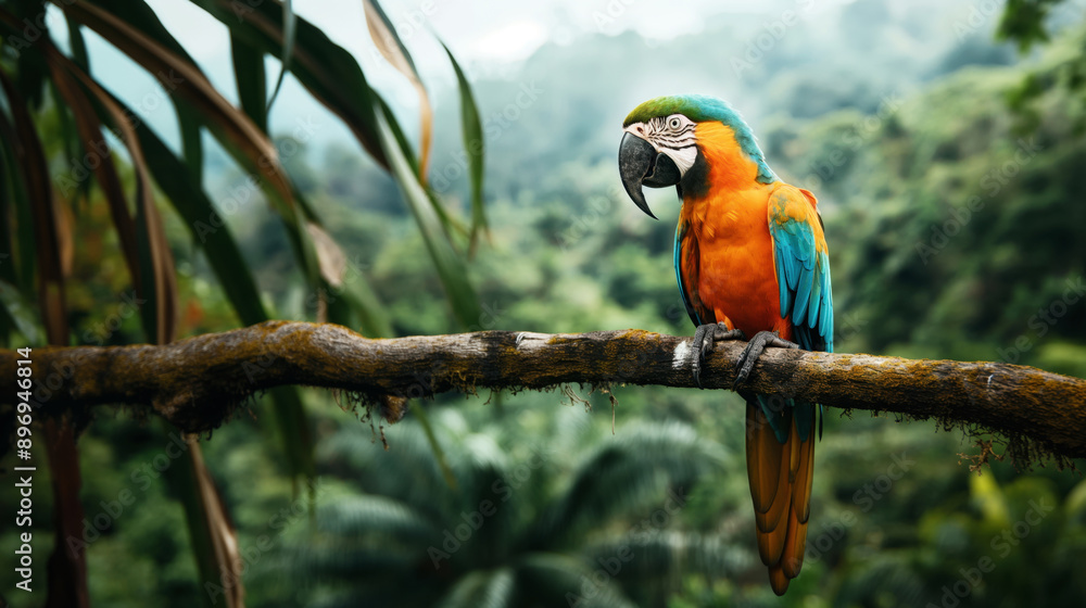 Obraz premium A vibrant macaw parrot perched on a branch with a lush, tropical forest in the background. The bird features bright orange, blue, and green feathers.