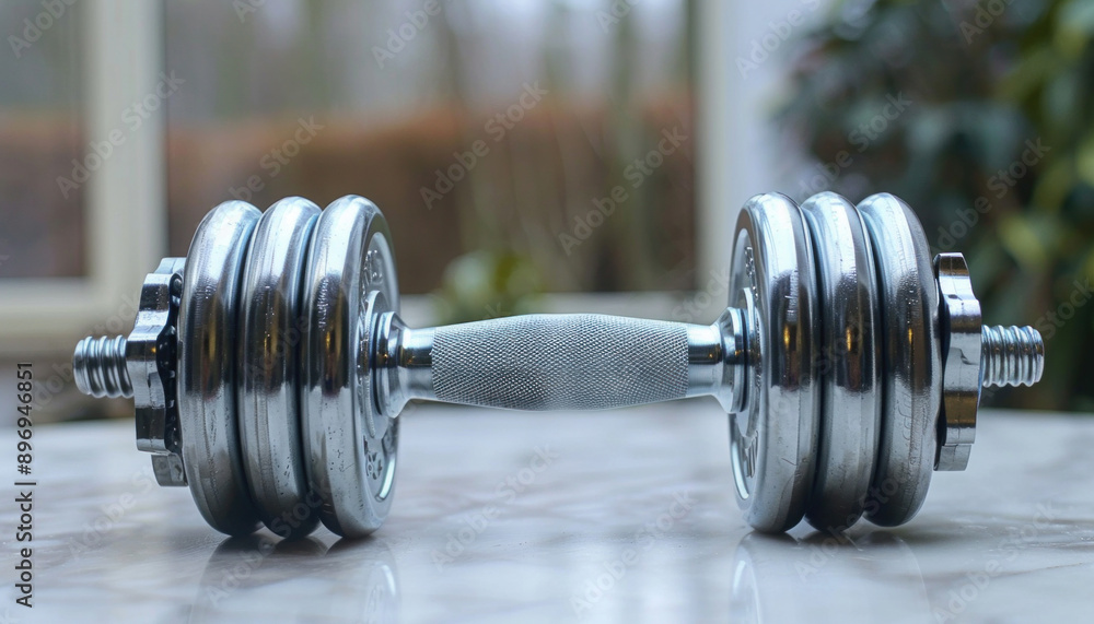 A silver dumbbell is placed on a wooden table next to automotive design keywords A silver dumbbell is placed on a wooden table next to automotive design keywords
