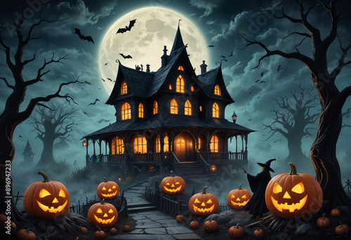 A Halloween-themed card featuring glowing carved pumpkins, a flying witch, and a A dark and eerie Halloween. ideal for seasonal greetings, decorations, and themed invitations.haunted house. 