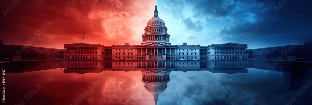 US Capitol split in half, blue and red colors.
