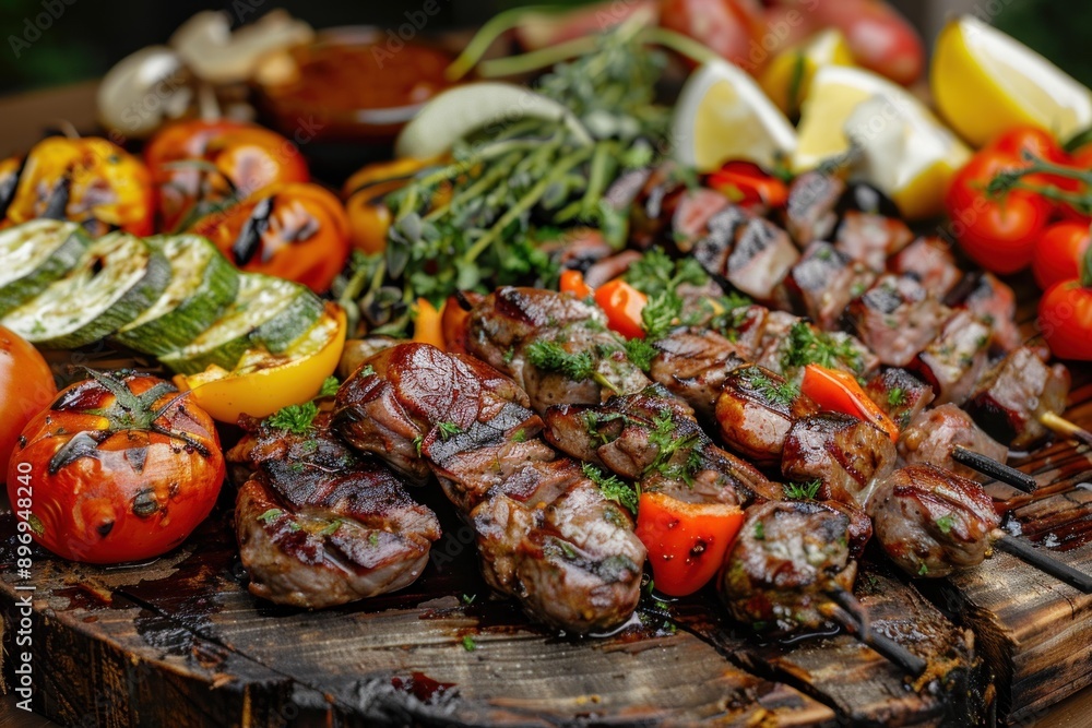 Friends enjoying a delicious meal of grilled shish kebabs and vegetables outdoors Friends enjoying a delicious meal of grilled shish kebabs and vegetables outdoors