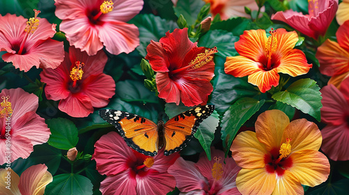 Wallpaper Mural A vibrant butterfly among colorful hibiscus flowers in a lush garden, symbolizing the beauty of nature and biodiversity. Torontodigital.ca