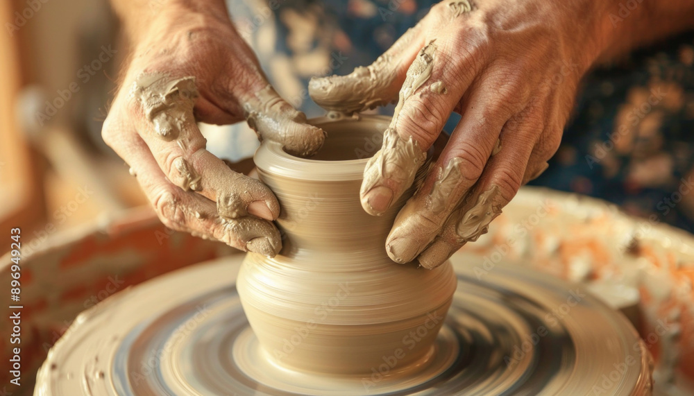 A person is creating a vase on a potters wheel, shaping the clay with care and precision A person is creating a vase on a potters wheel, shaping the clay with care and precision