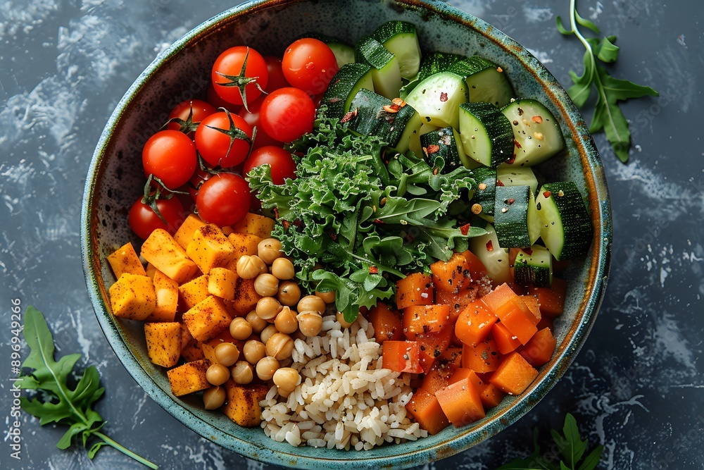 Healthy Vegan Buddha Bowl with Fresh Vegetables, Rice, and Chickpeas for Lunch or Dinner Healthy Vegan Buddha Bowl with Fresh Vegetables, Rice, and Chickpeas for Lunch or Dinner