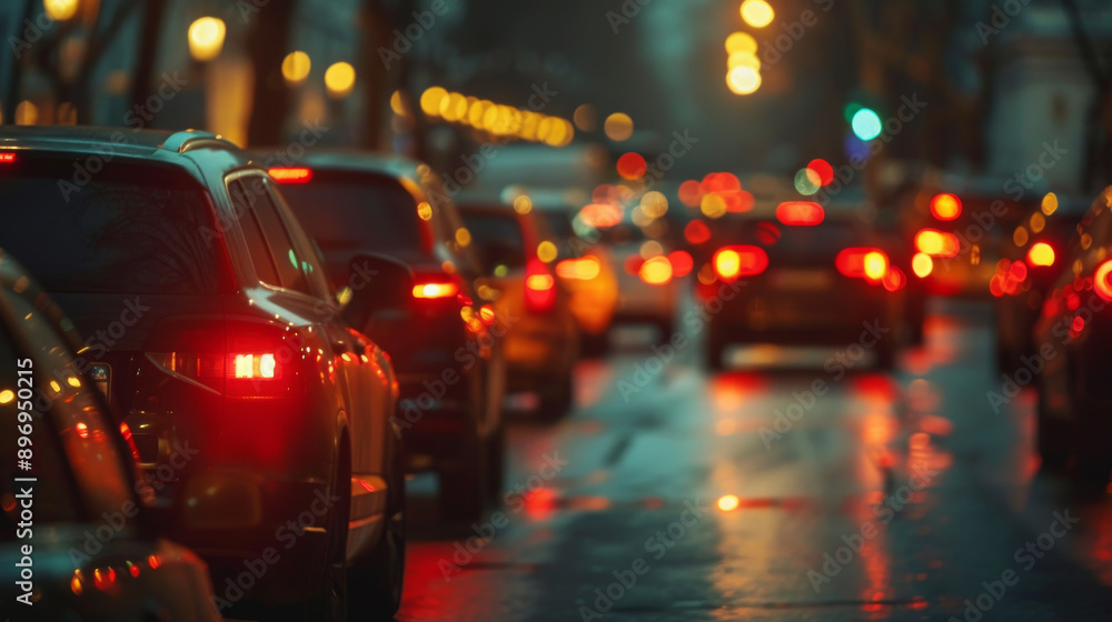City traffic jams during rush hour after work. Red brake lights of stopped cars on the background of the city neighborhood, with blurred out of focus background. City traffic jams during rush hour after work. Red brake lights of stopped cars on the background of the city neighborhood, with blurred out of focus background.