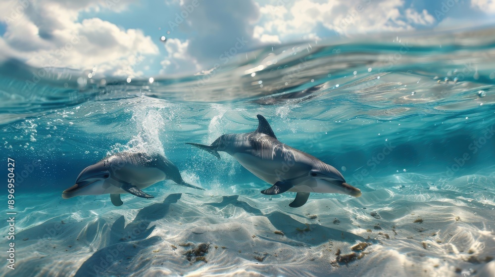 Fototapeta premium A mother dolphin teaches her calf to leap and play in the waves.