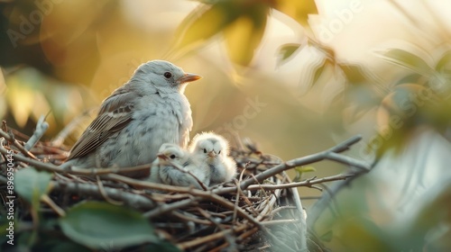 A mother bird feeds her hungry chicks in a nest.