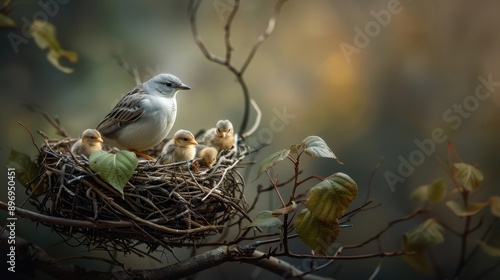 A mother bird feeds her hungry chicks in a nest.