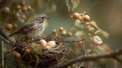 A mother bird turning her eggs in a nest.