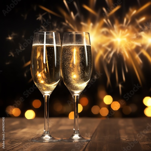 Champagne glasses drink wine with fireworks or bokeh lights background on new year night celebration