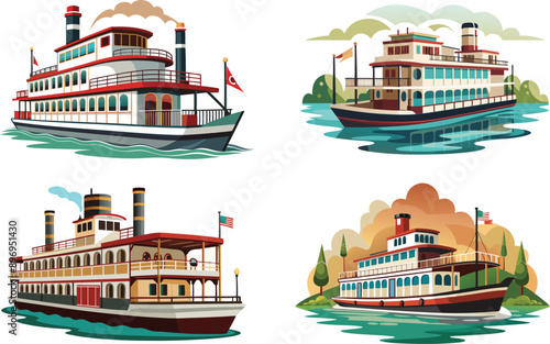 Photography vector art  old fashioned riverboat floating on serene river white  background