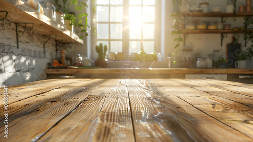 Woog with space. Sunlit kitchen room background. Kitchen room with sun light background photo