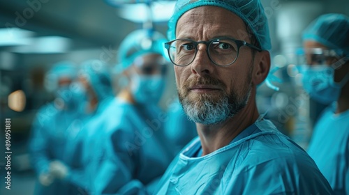 The Weight of Life: A seasoned surgeon's intense gaze reflects the gravity of his profession, surrounded by his team in the sterile environment of an operating room. 