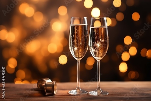 Champagne glasses drink wine with fireworks or bokeh lights background on new year night celebration