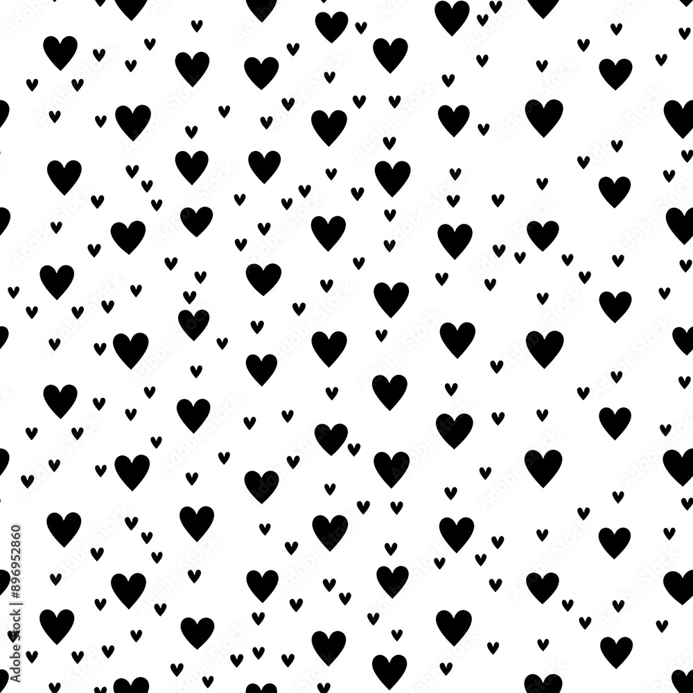 Fototapeta premium A seamless pattern featuring small black hearts on a white background. Ideal for Valentine's Day designs, romantic themes, and cute backgrounds