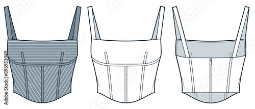 Strap Top technical fashion Illustration, striped pattern. Corset Top fashion flat technical drawing template, back zipper, slim fit, front and back view, white, grey, women Top CAD mockup set.