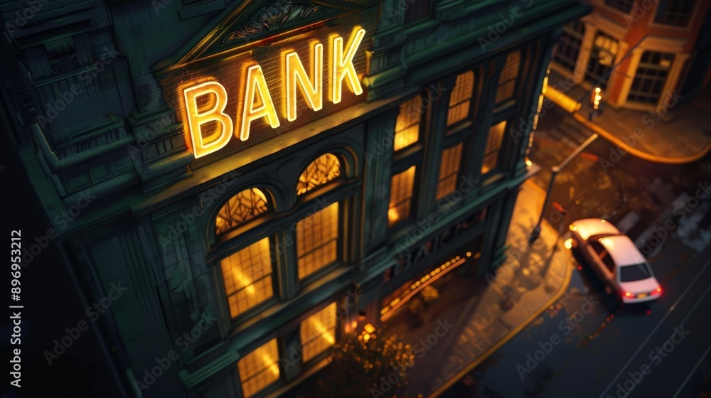 Obraz premium A bank building with a neon sign that says
