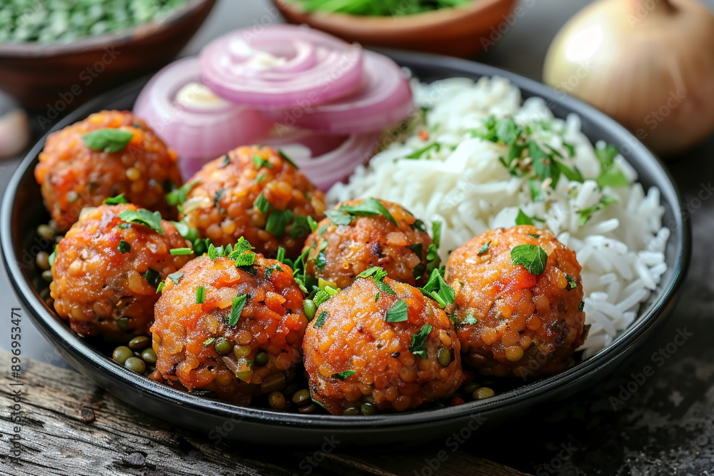 Vegetarian lentil meatballs served with rice and sliced red onions, garnished with fresh herbs Vegetarian lentil meatballs served with rice and sliced red onions, garnished with fresh herbs