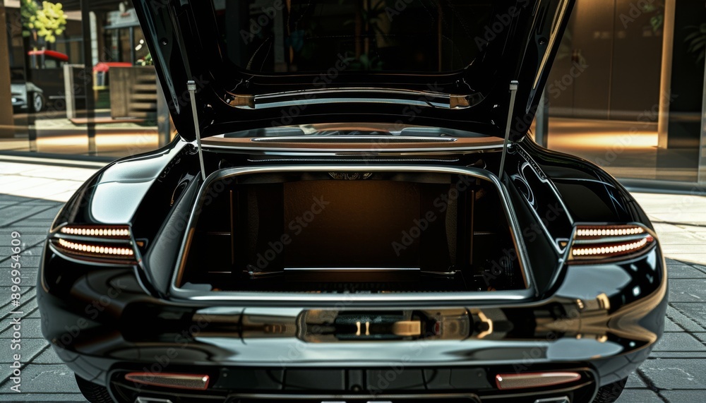 Obraz premium Open clean trunk of retro car back view, Rear view old car with open trunk, headlight, bumper