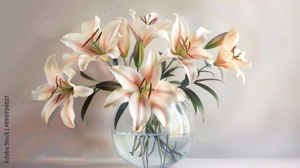 A bouquet of delicate lilies in a glass vase on a white background. A bouquet of delicate lilies in a glass vase on a white background.