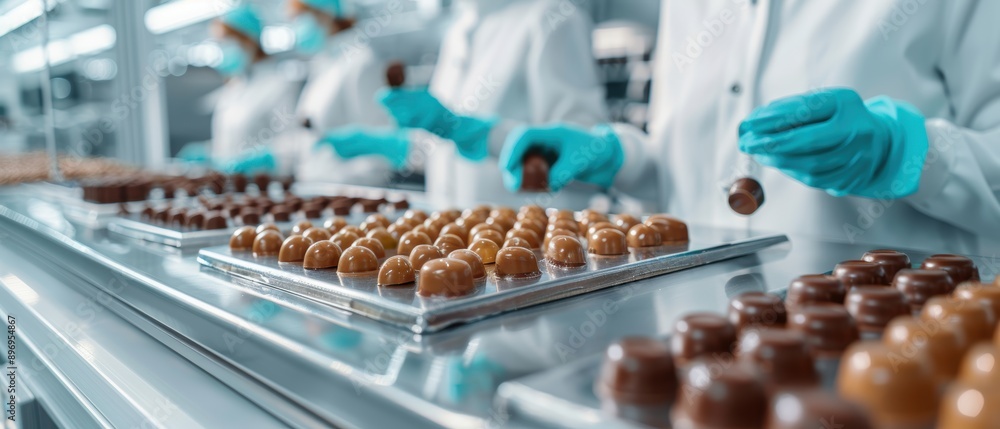 Obraz premium Precision in Action: Workers Ensuring Quality at a Chocolate Factory |