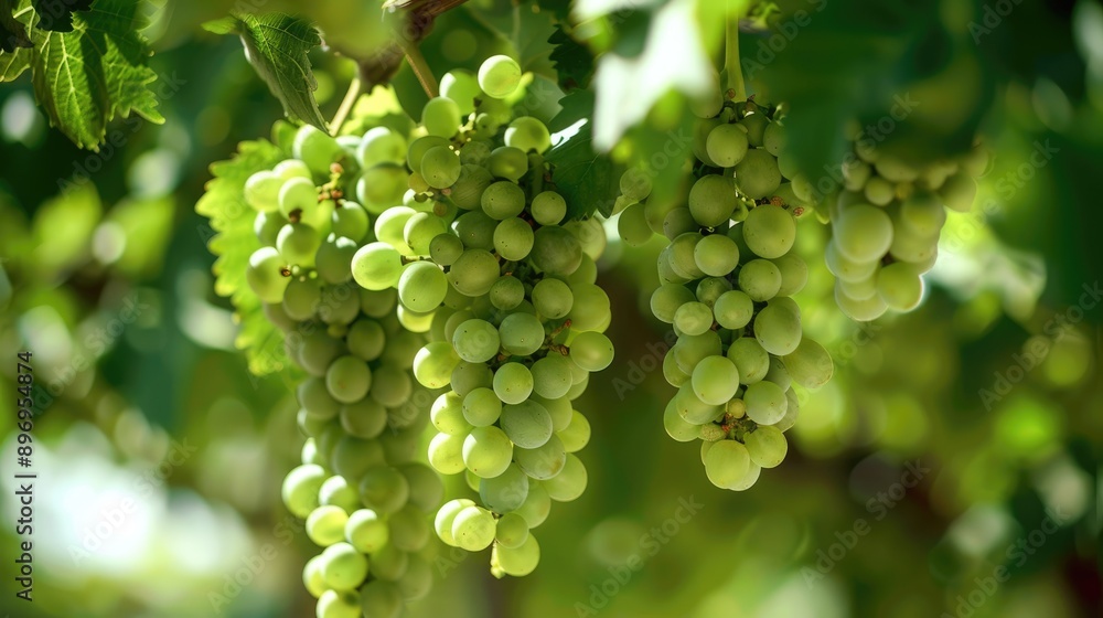 A bunch of fresh green grapes hanging from the vine. A bunch of fresh green grapes hanging from the vine.