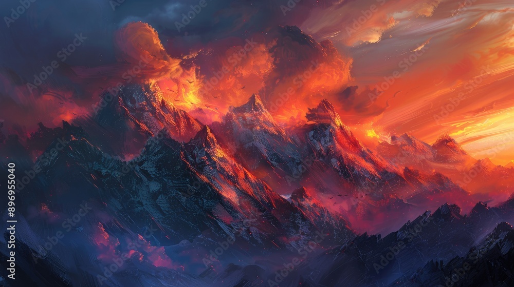 A dramatic sunset over a range of jagged mountain peaks. A dramatic sunset over a range of jagged mountain peaks.