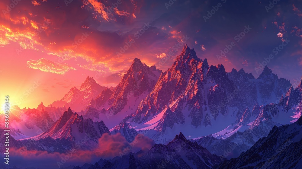 A dramatic sunset over a range of jagged mountain peaks. A dramatic sunset over a range of jagged mountain peaks.