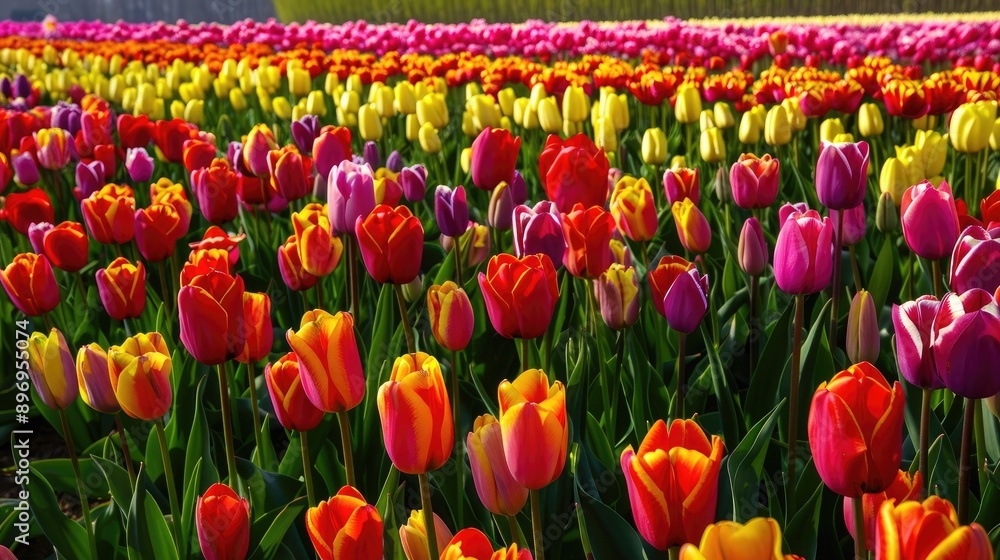 A field of tulips in various colors, stretching into the distance. A field of tulips in various colors, stretching into the distance.