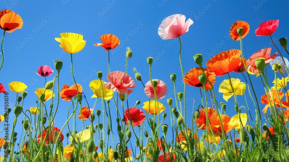 A field of colorful poppies under a bright blue sky. A field of colorful poppies under a bright blue sky.