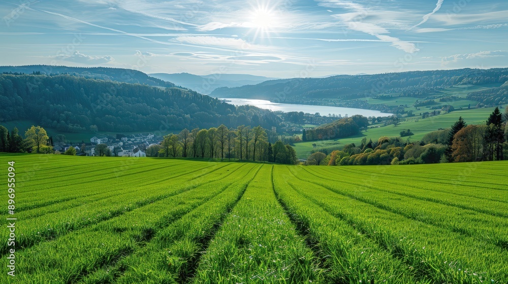 A field of green grass with a bright sun shining on it A field of green grass with a bright sun shining on it