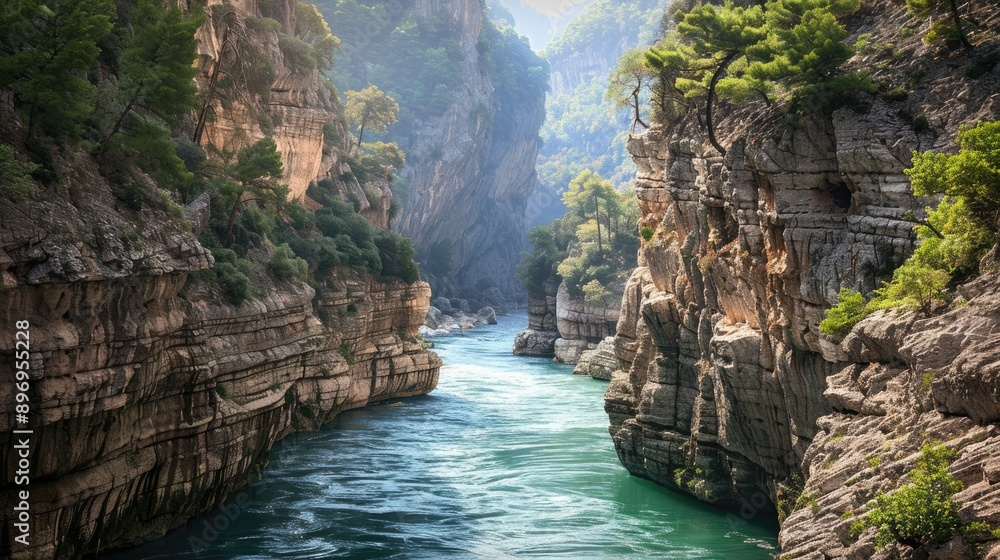 A river flowing through a deep mountain gorge with steep cliffs. A river flowing through a deep mountain gorge with steep cliffs.