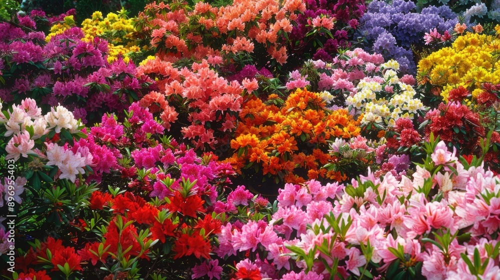 An array of blooming azaleas in a garden, showcasing rich colors An array of blooming azaleas in a garden, showcasing rich colors