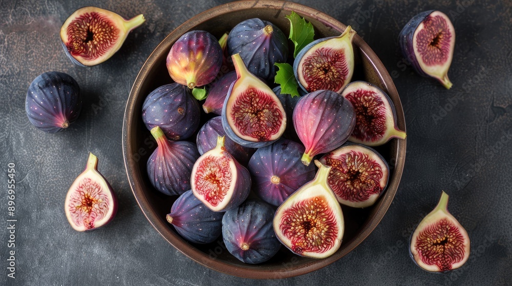 Assorted fresh figs in a bowl, whole and halved, top view. Assorted fresh figs in a bowl, whole and halved, top view.