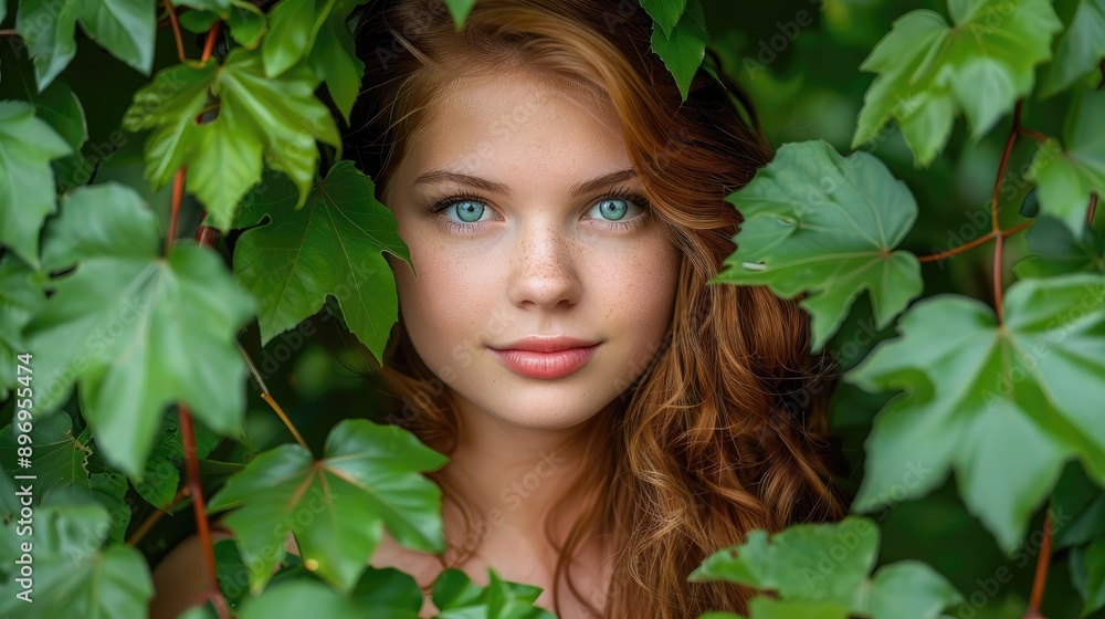 A woman with red hair and blue eyes is standing in a green leafy area A woman with red hair and blue eyes is standing in a green leafy area