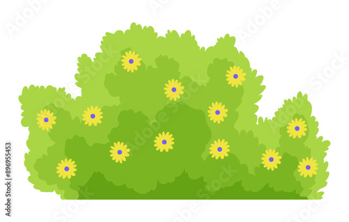 Bush with flowers icon. Cartoon forest and park shrubbery with floral elements. Landscape scene create element. Vector cartoon illustration
