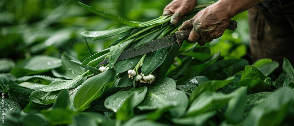 Skilled Forager Harvesting Wild Garlic with Precision Knife Technique Skilled Forager Harvesting Wild Garlic with Precision Knife Technique