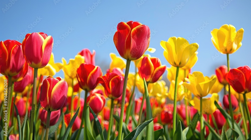 Field of red and yellow tulips in full bloom under clear skies. Field of red and yellow tulips in full bloom under clear skies.
