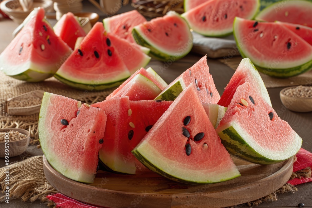 Fresh ripe watermelon with vivid red texture and black seeds macro. Summer time fresh dessert food. Fresh ripe watermelon with vivid red texture and black seeds macro. Summer time fresh dessert food.
