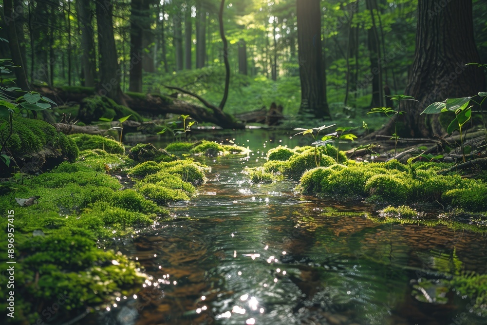 A serene stream flows through a lush green forest. This image is ideal for promoting nature, tranquility, and the beauty of the natural world. A serene stream flows through a lush green forest. This image is ideal for promoting nature, tranquility, and the beauty of the natural world.