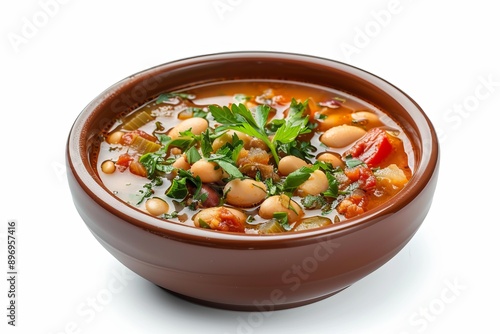 Bowl of nutritious bean soup with fresh vegetables and herbs, isolated on white