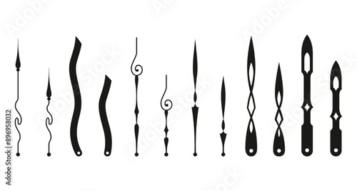 Clock pointer arrows. Black silhouette chronometer elements. Clock arms set. Watch hands, isolated time pointers. Vector cartoon illustration