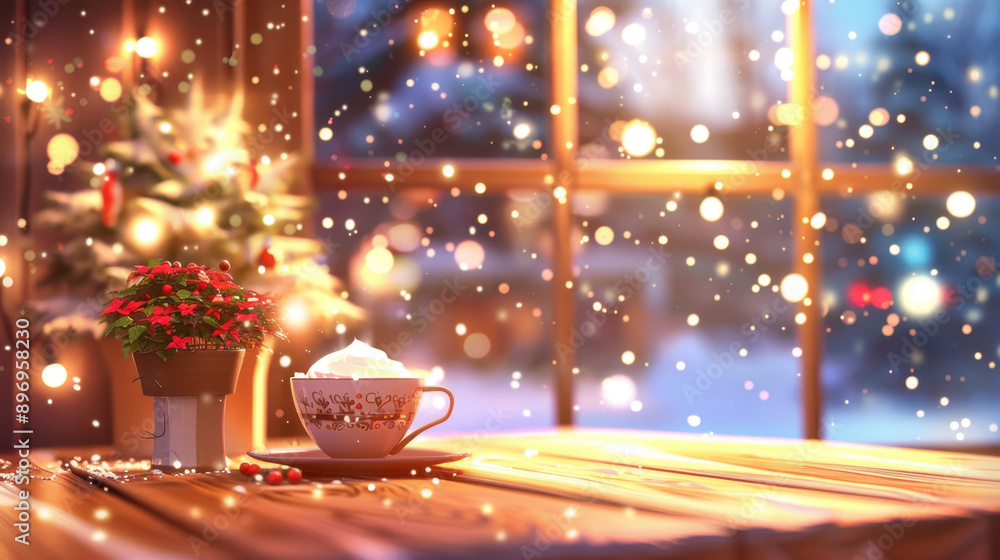 Cozy holiday scene featuring a cup of hot chocolate with whipped cream and a poinsettia plant near a glowing window Cozy holiday scene featuring a cup of hot chocolate with whipped cream and a poinsettia plant near a glowing window