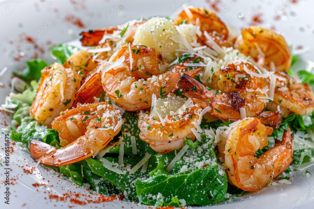 Caesar Salad, Cesar Salat or Barbecue Shrimps Ceasar with Green Lettuce, Grated Parmesan Cheese Caesar Salad, Cesar Salat or Barbecue Shrimps Ceasar with Green Lettuce, Grated Parmesan Cheese
