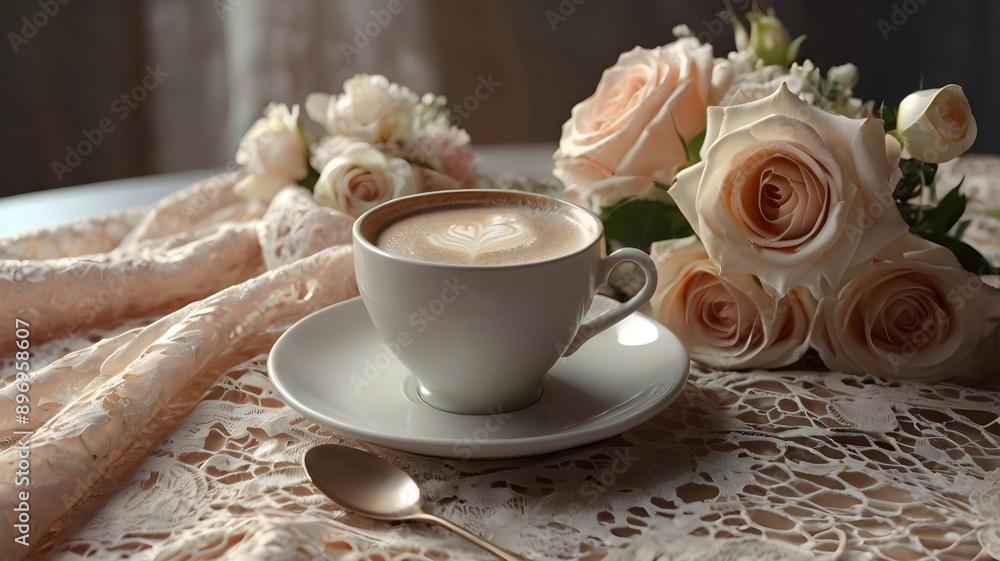 A rich creamy coffee in a rustic wooden café, sunlight streaming through large windows, warm tones of wood contrasting with the deep brown of the coffee, small sugar packets and a spoon beside cup A rich creamy coffee in a rustic wooden café, sunlight streaming through large windows, warm tones of wood contrasting with the deep brown of the coffee, small sugar packets and a spoon beside cup