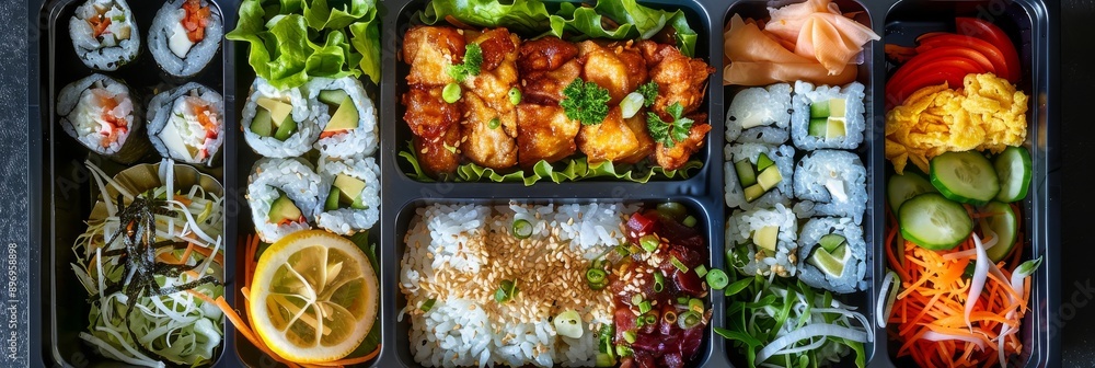 Fototapeta premium Japanese Bento Box, Asian Style Lunch Box with Sushi Rolls, Salad and Fresh Sea Food Top View