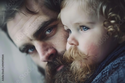 Father is bonding with his baby daughter by holding her close to his face photo