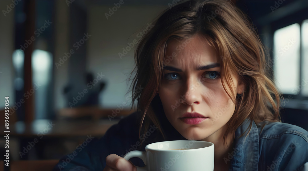 Moody portrait of grumpy stressed out woman in the morning drinking coffee, sad depressed concept, people background